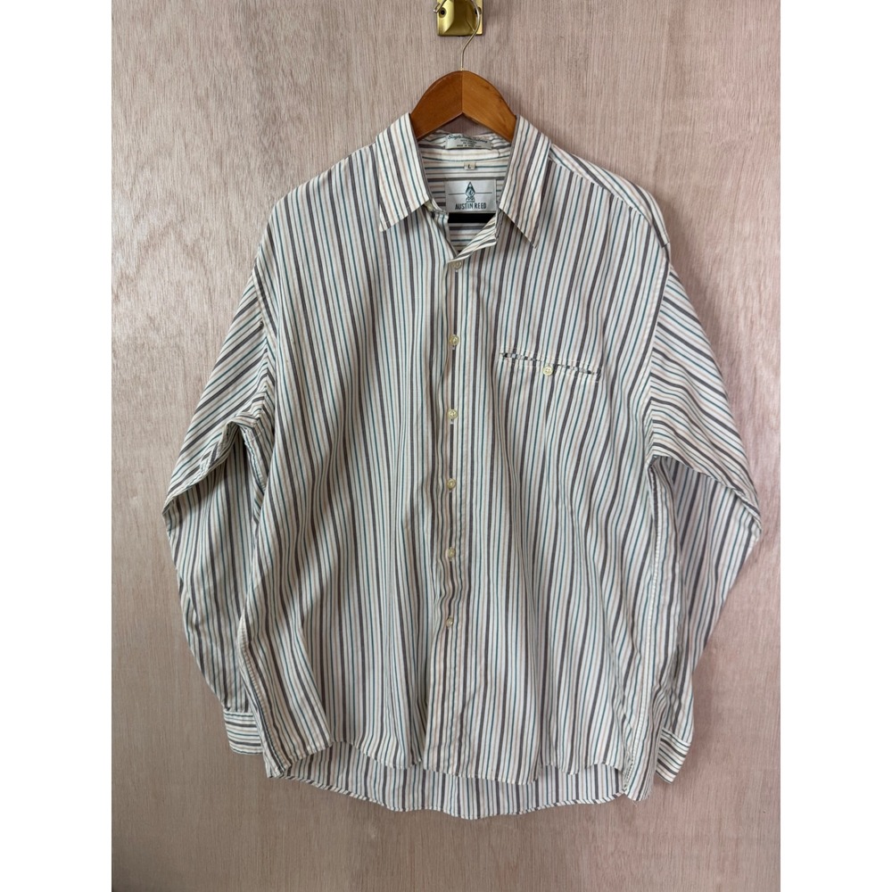 Austin Reed Mens Large Striped Button Down Shirt Cotton Single Needle Tailoring